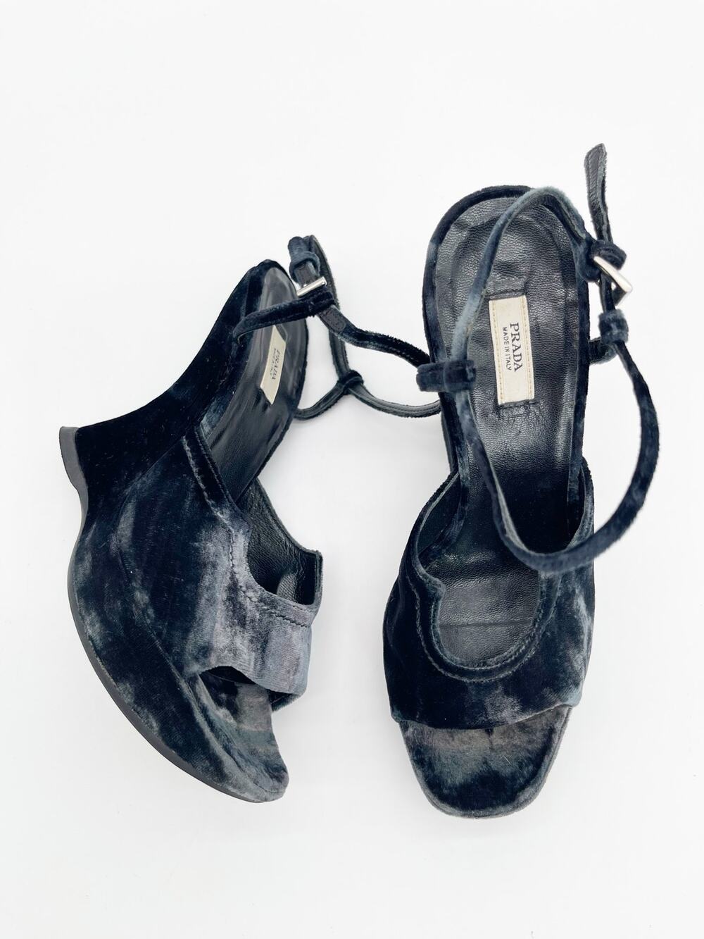 Prada Vintage Fall 2004 Runway Blue Velvet Sculptural Wedge Sandals IT 35.5 - Picture 1 of 12